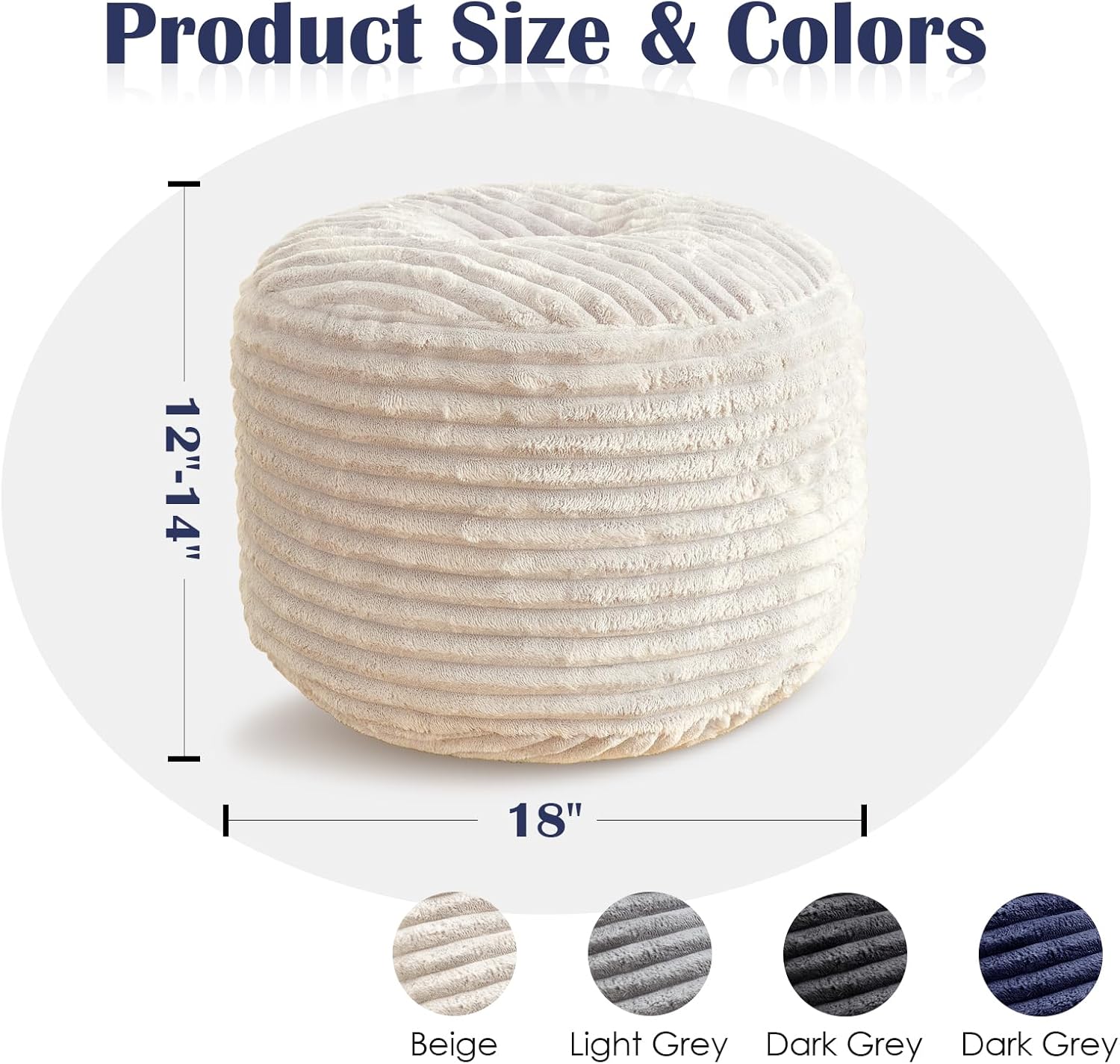 Round Ottoman,Corduroy Pouf Ottoman Foot Rest,Storage Footstool for Living Room,18x14 Soft Floor Poufs,Memory Foam Filling - Beige, 18x14 in