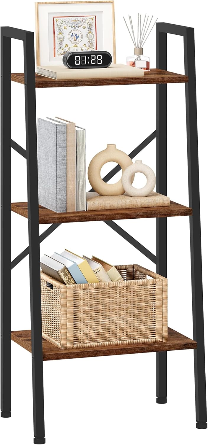 Hoctieon 3-Tier Industrial Ladder Bookshelf, Narrow Ladder Shelf, Tall Standing Bookshelf, Skinny Open Ladder Shelf, for Living Room, Home Office, Kitchen, Bedroom, Metal Frame, Rustic Brown