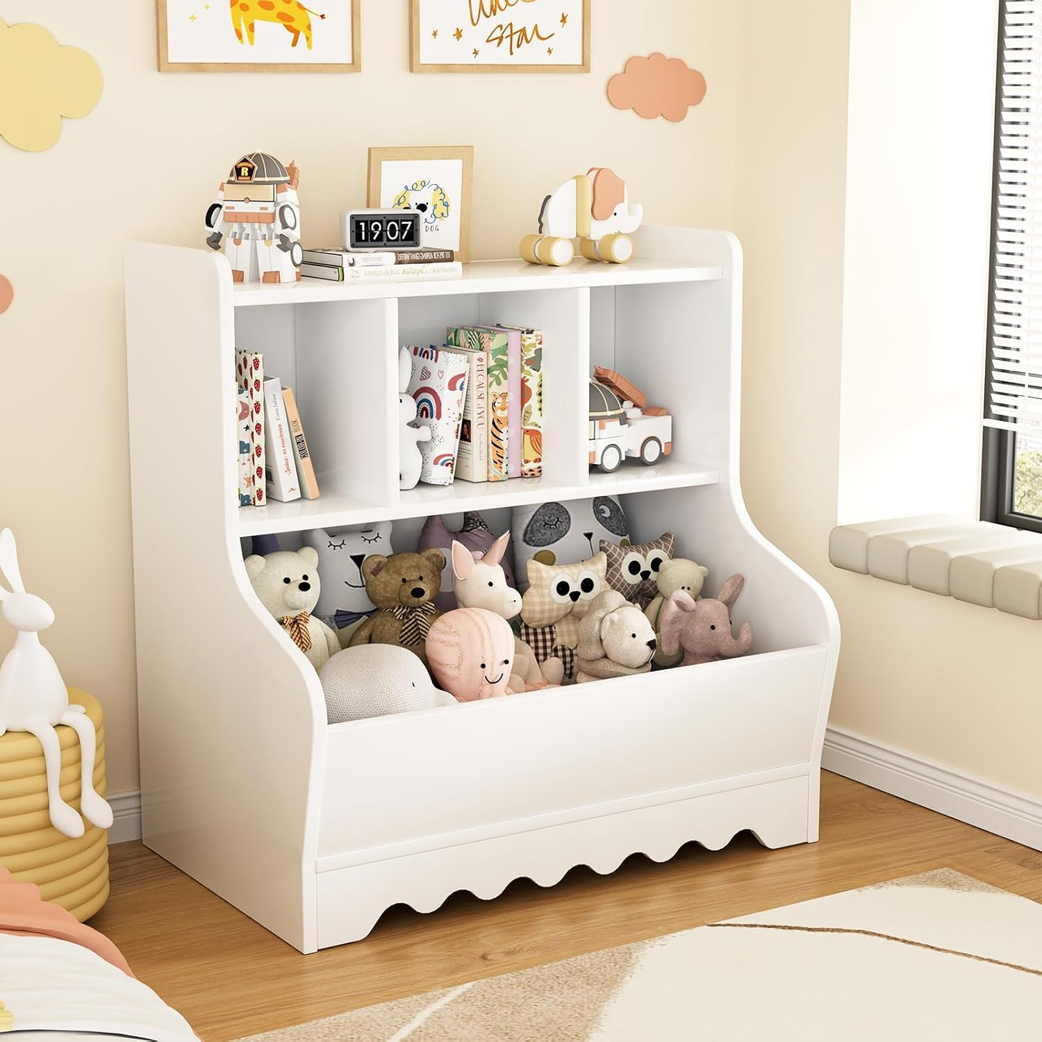 Marcytop Kids Toy Storage Organizer, Wooden 4 Cubby Children Book Toy Shelf, Toddler Baby Bookshelf with Storage, Montessori Kids Bookshelf and Toy Storage for Kids Rooms Playroom Organization