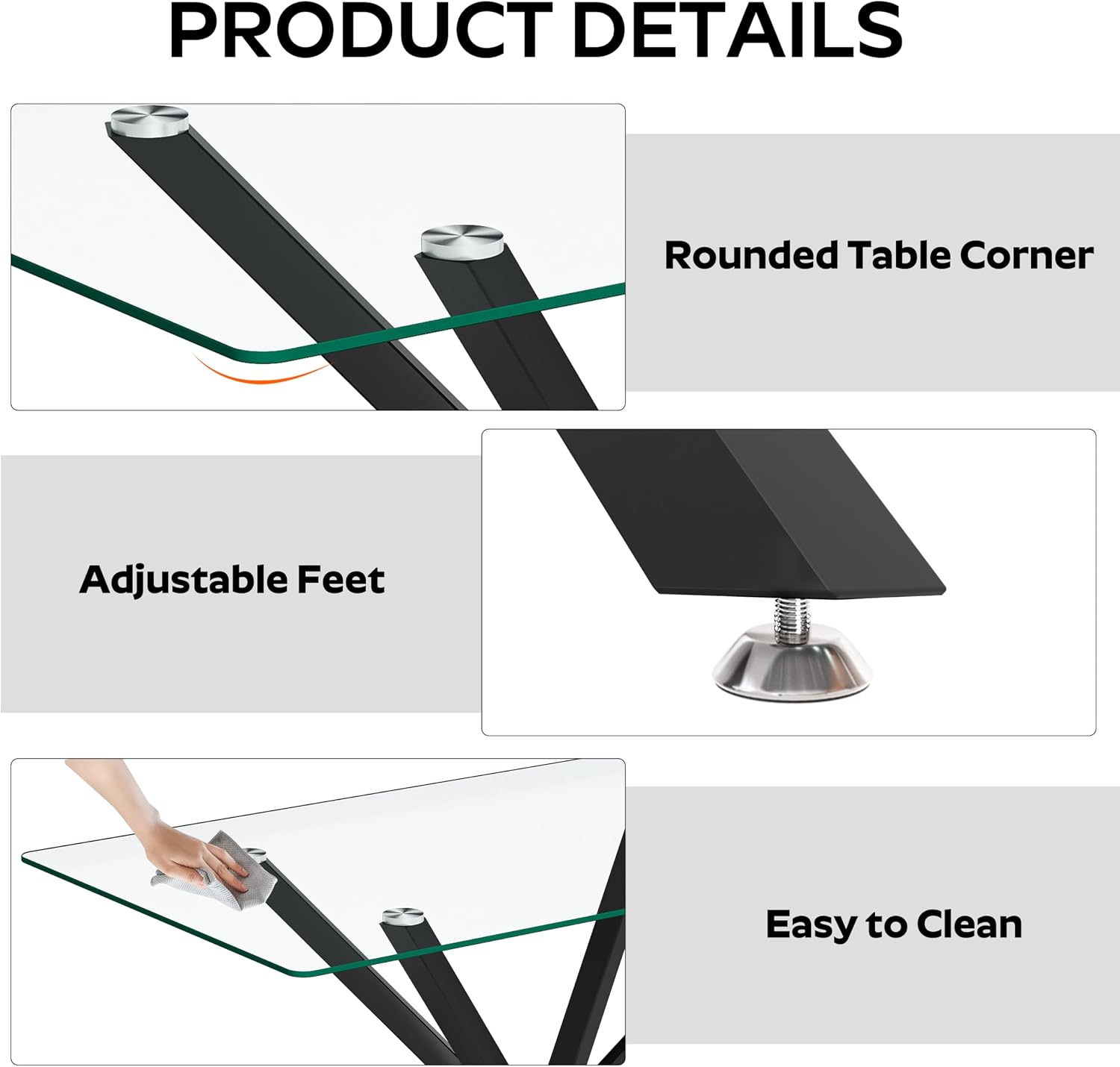 5 Pieces Modern Luxury Glass Dining Set, Minimalist Rectangle Dinner Room Set for 4, 47'' Clear Glass Top Kitchen Table Set with Black Base, Blue Tufted Chairs, for Small Apartment Home