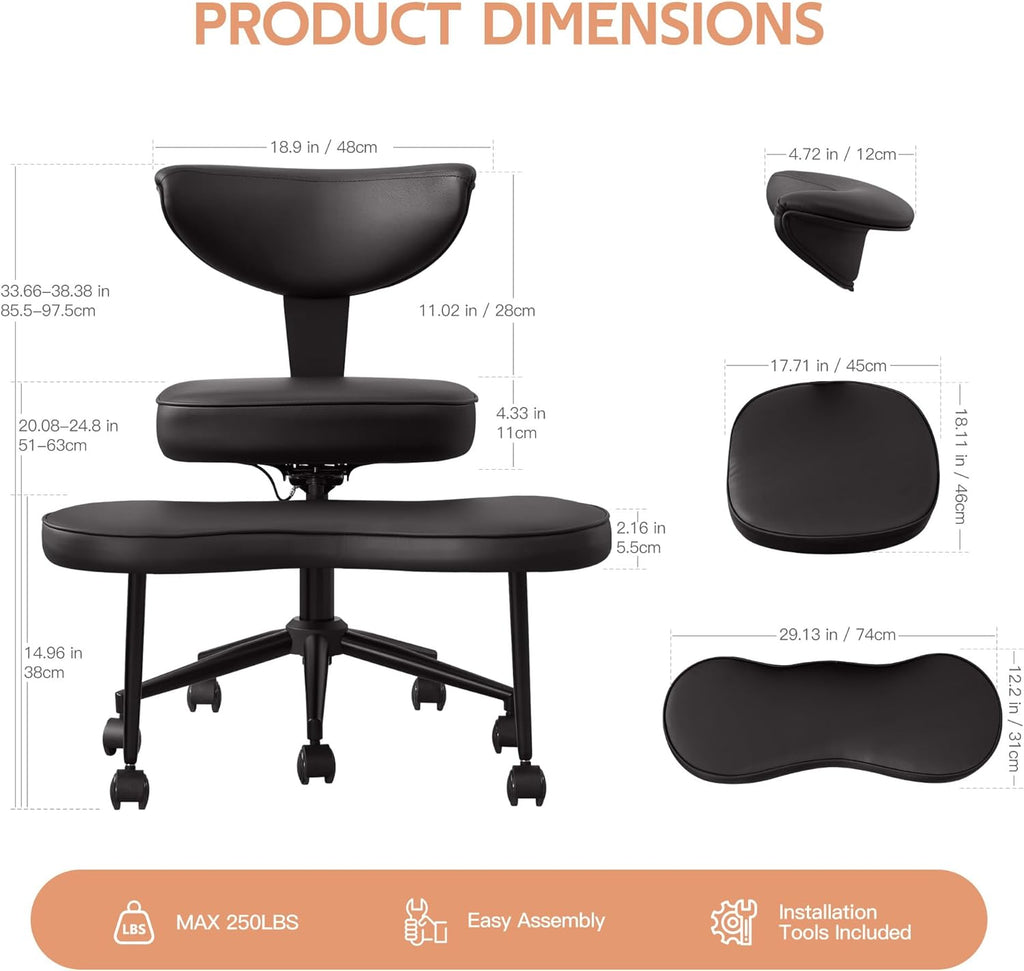 Ergonomic Cross-Legged Office Chair – Adjustable Height, Enhanced Lumbar Support, 360° Swivel, Wide Meditation & Yoga Kneeling Seat, Sturdy Steel Base, Wheels – PU Leather Black