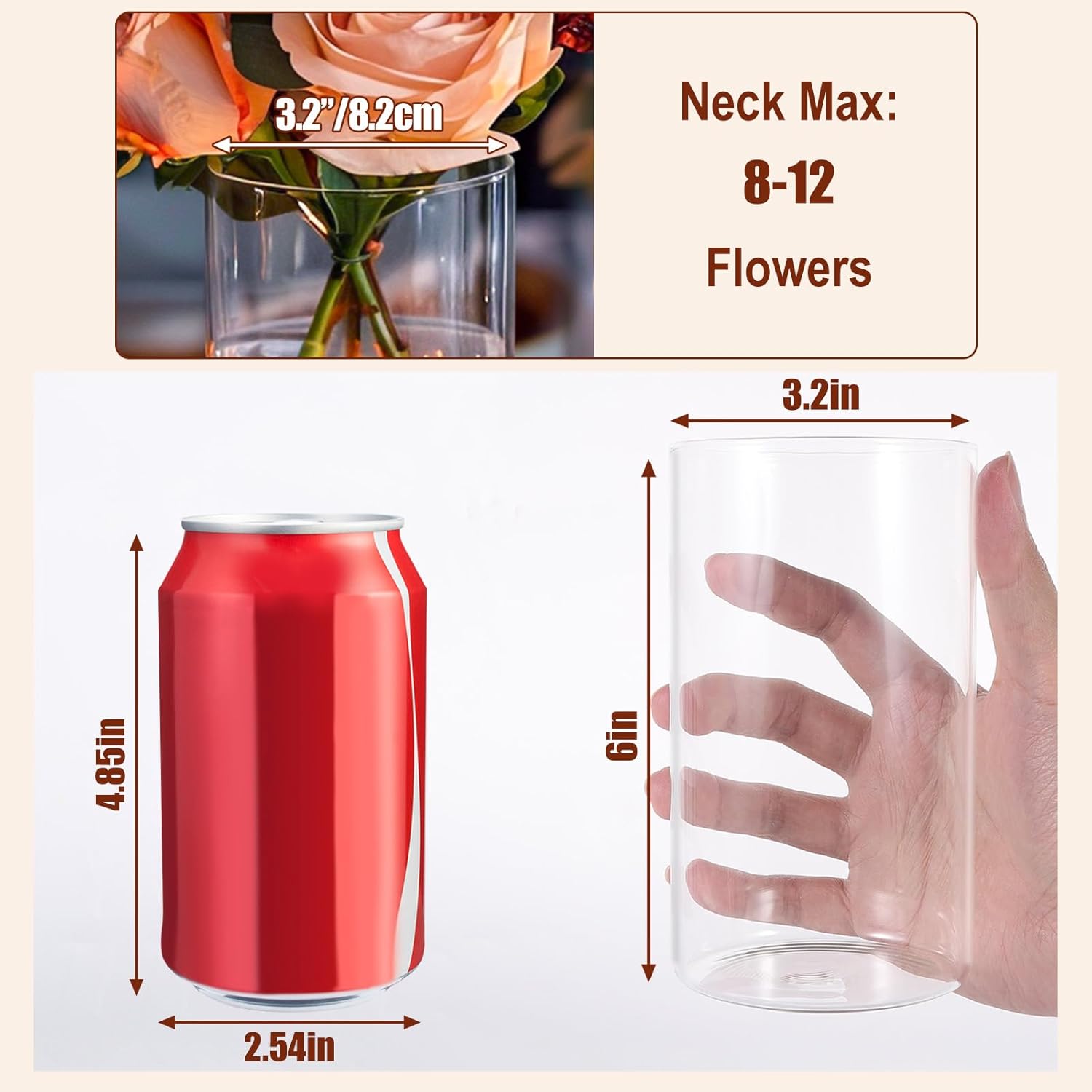 UPBUD 6 Inch Glass Cylinder Vases for Centerpieces | 12Pcs Clear Small Flower Vase for Wedding Decorations, Floating Candle Vases in Bulk, Hurricane Candle Holders for Table, Home Décor