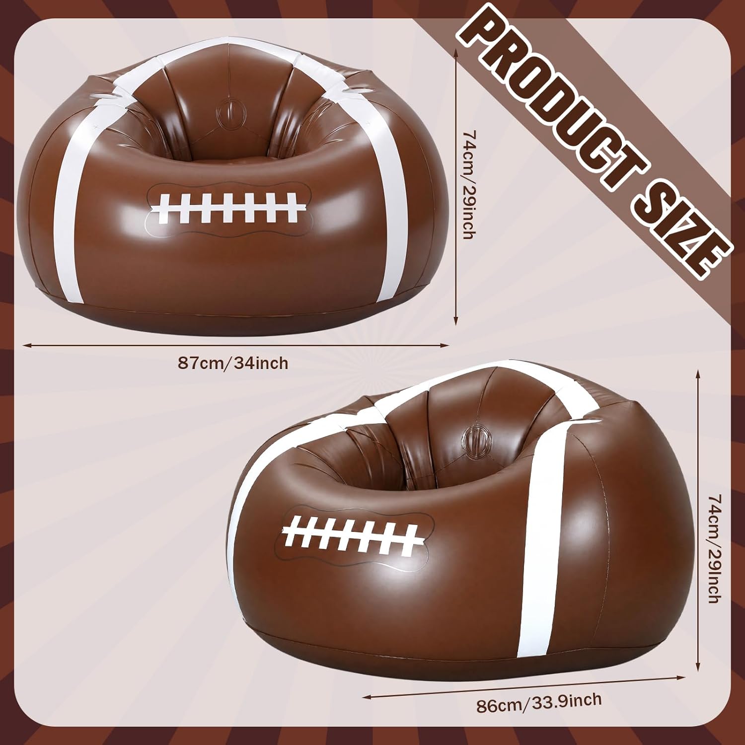 34" Inflatable Football Bean Bag Chair for Kids & Teens with Cup Holders Boys Room Decor PVC Blow up Bean Bag Chair Inflatable Gaming Couch for Boys Video Game Bedroom Camping Night Party