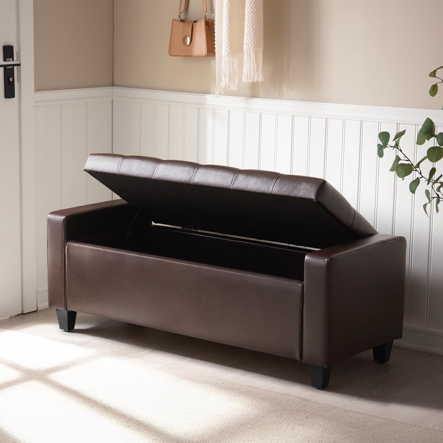 Zihanhome Ottoman with Storage，Storage Ottoman Bench, Faux Leather Storage Bench for Bedroom with Safety Hinge，Bedroom Benches with Seating for Living Room, Entryway (Dark Brown-PU)