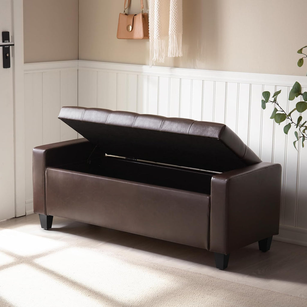 Zihanhome Ottoman with Storage，Storage Ottoman Bench, Faux Leather Storage Bench for Bedroom with Safety Hinge，Bedroom Benches with Seating for Living Room, Entryway (Dark Brown-PU)