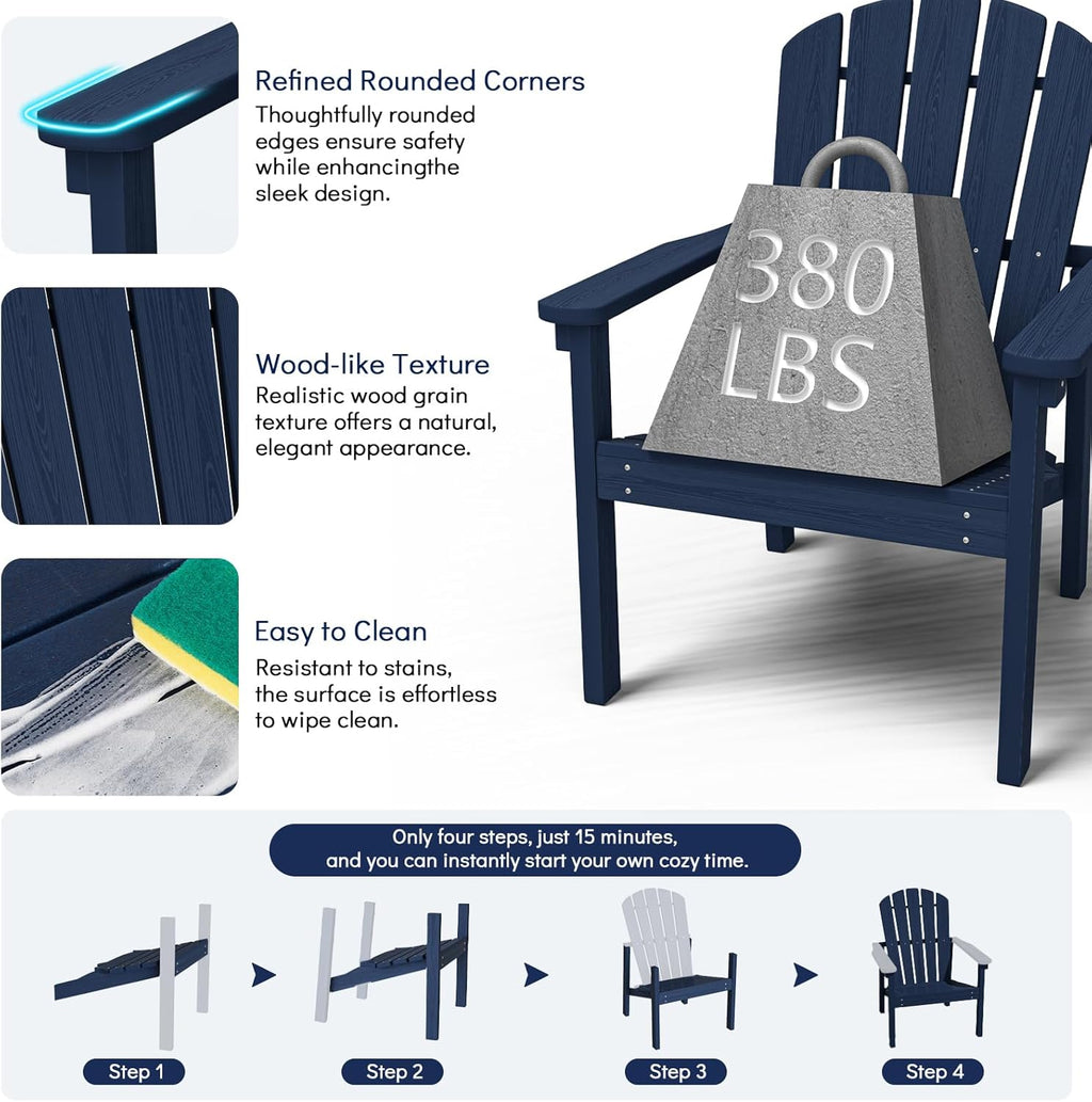 nevilywood Compact Stackable Adirondack Chairs Set of 4, 26.3" Wide HDPE Outdoor Patio Chairs - Durable, Space-Saving Design for Porch, Lawn or Garden, Navy