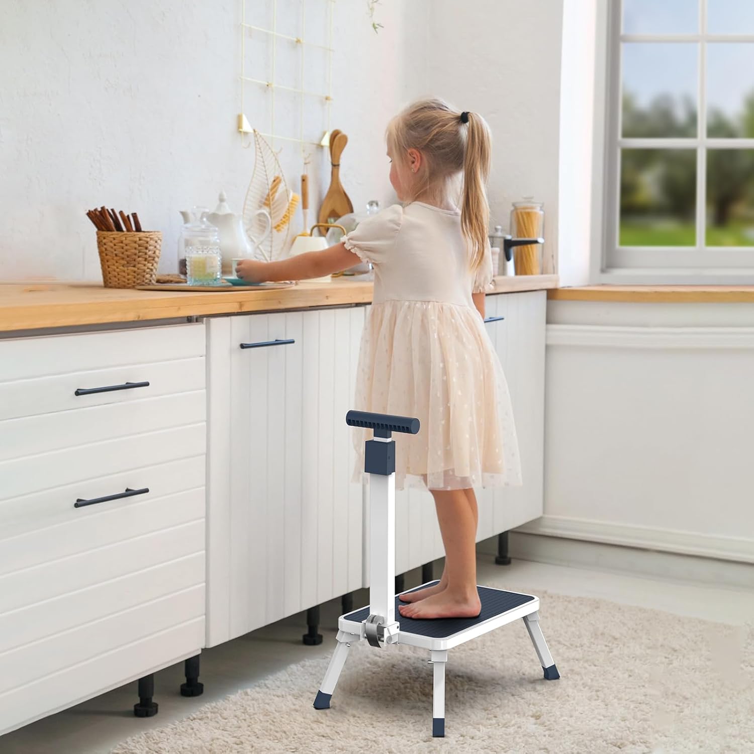 Folding Step Stool, Step Stools with Handle for Elderly Adults, Metal Stepping Stool with Adjustable Handrail in Kitchen, Bathroom, Bedroom, 330 Lbs Capacity
