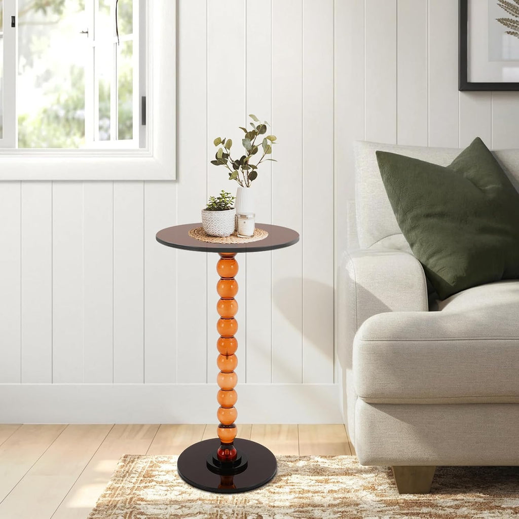 Acrylic End Table, Round Top with Solid Post, Outdoor Side Tables & Drink Tables, Small Space Accent Table for Living Room Bedroom Sofa, Easy Assembly, Brown