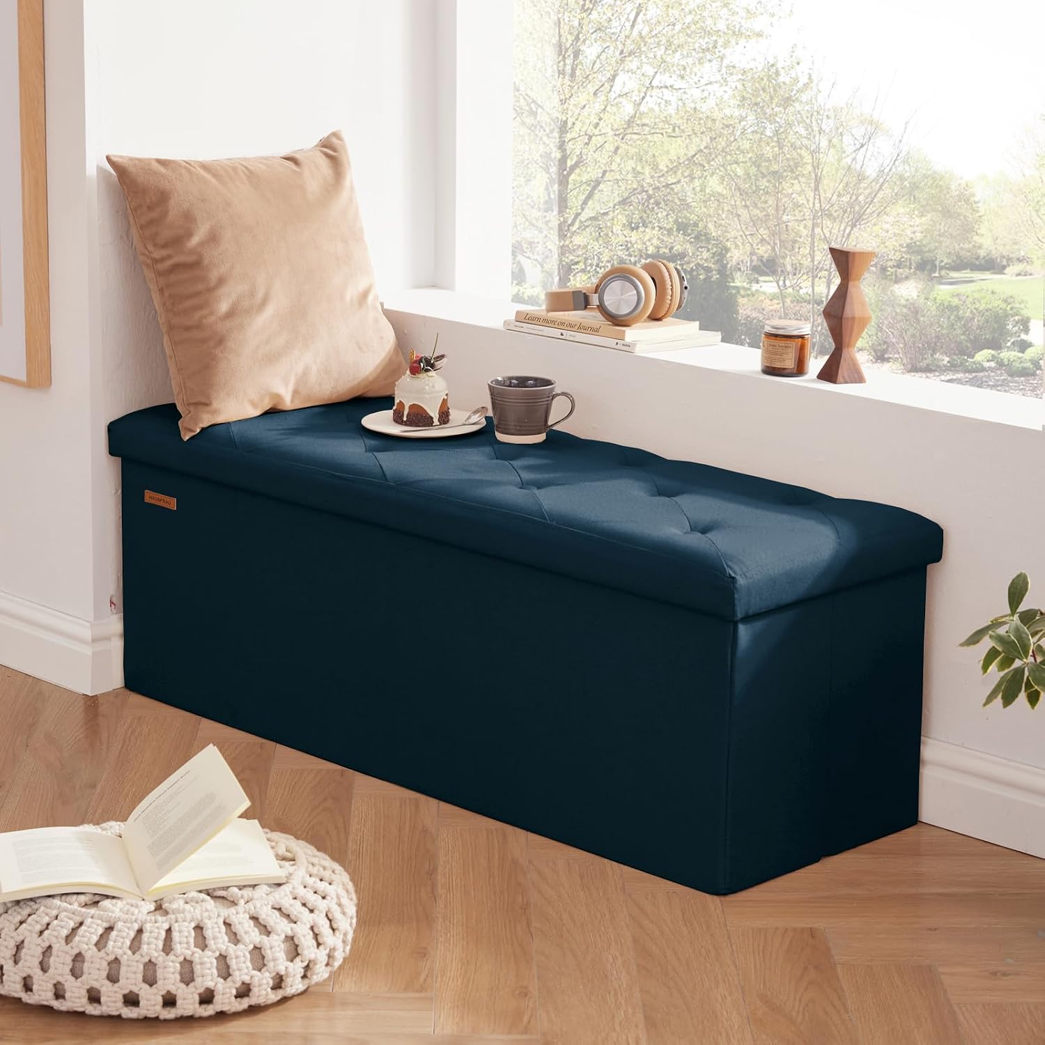 HAUSFRAU Storage Ottoman Bench with Flipping Lid, 43.3 Inches Storage Chest Footsrest, Folding Foot Stool for Entryway, Living Room, Bedroom, Linen Navy Blue