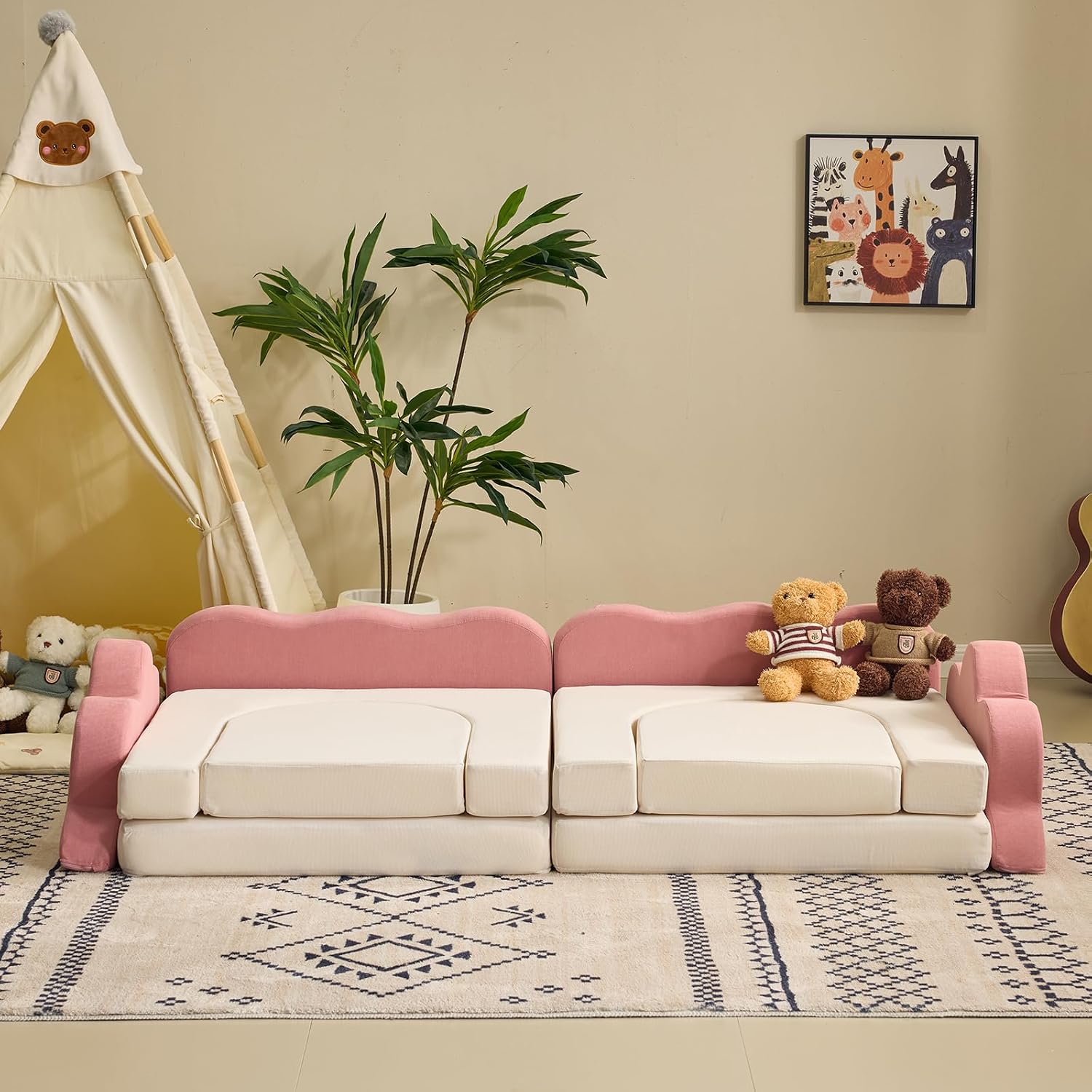Karl home Kids Couch 12PCS, Modular Kids Play Couch, Indoor Multifunctional Foam Toddler Sofa with Flower Shape, Sectional Convertible Sofa Imaginative Furniture Play Set for Playroom, Pink & White
