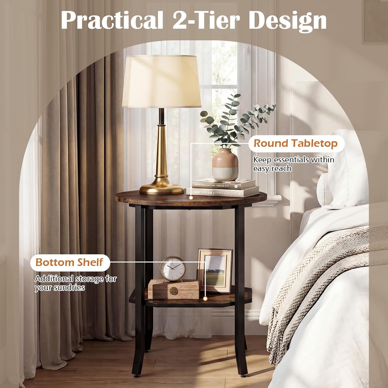 Giantex Round Side Table Set of 2, 2-Tier Small Sofa Couch End Table with Storage Shelf & Steel Frame, Wood Bedside Night Stand for Small Space Bedroom Living Room (Rustic Brown)