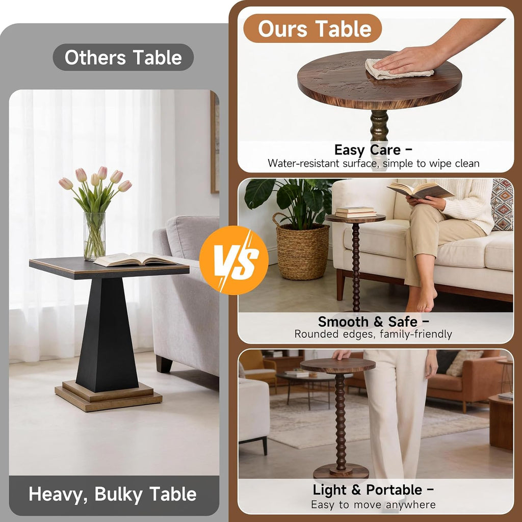 Round Side Table, Walnut Martini Drink Table for Small Spaces, Modern Pedestal Accent Tables with Wooden Leg, Small Round End Tables for Living Room, Bedroom, Balcony, Sofa Couch