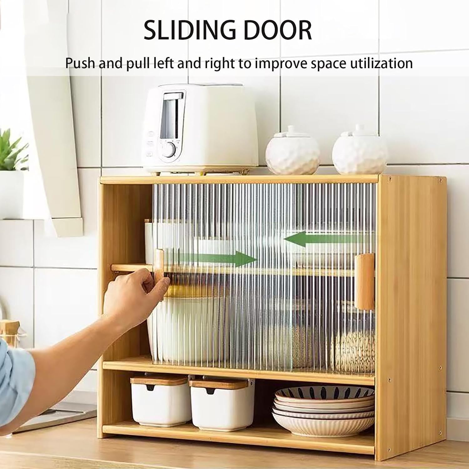 Bamboo Countertop Storage Cabinet Kitchen Pantry with Large Capacity & Acrylic Sliding Door Bread Container for Kitchen Creative idea(Brown)