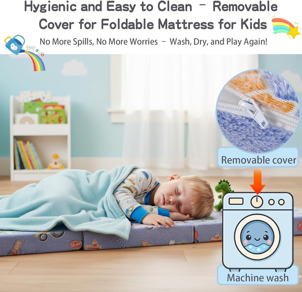 Tiita Foldable Floor Mattress for Kids-Glow in The Dark Toddler Nap Mat with Storage Bag, Portable Toddler Floor Nap for Travel, Daycare, Camping, RV, Playroom, Vehicles