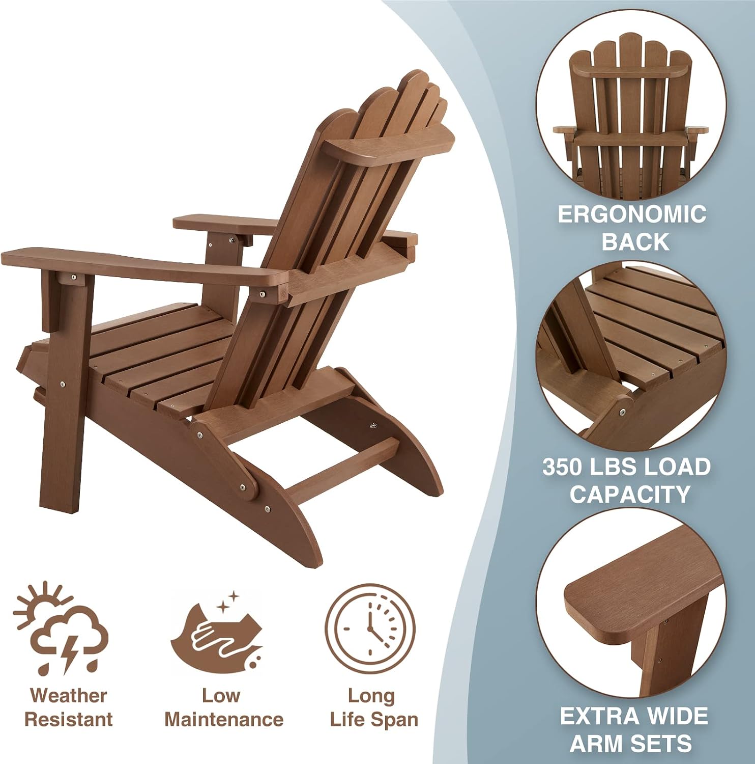 Folding Adirondack Chair, Polystyrene, Durable & Weather Resistant Outdoor Adirondack Chair for Lawn and Garden, Easy Assembly, 350 Ibs Capacity(Brown, 2 pcs)