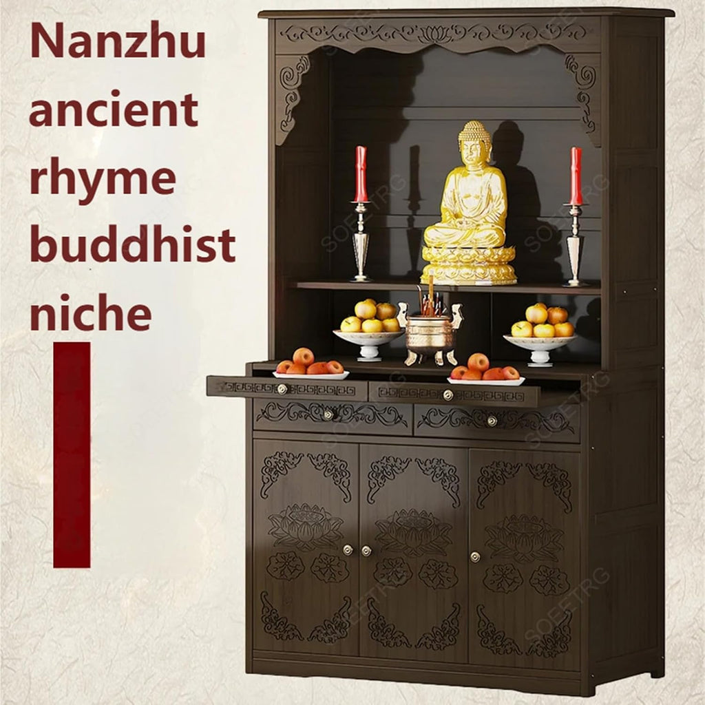 Chinese Style Wooden Prayer Altar Table with Storage Cabinet and Drawer, Buddha Shrine Display Stand, Buddhist Side Table for Living Room (Walnut-102cm)