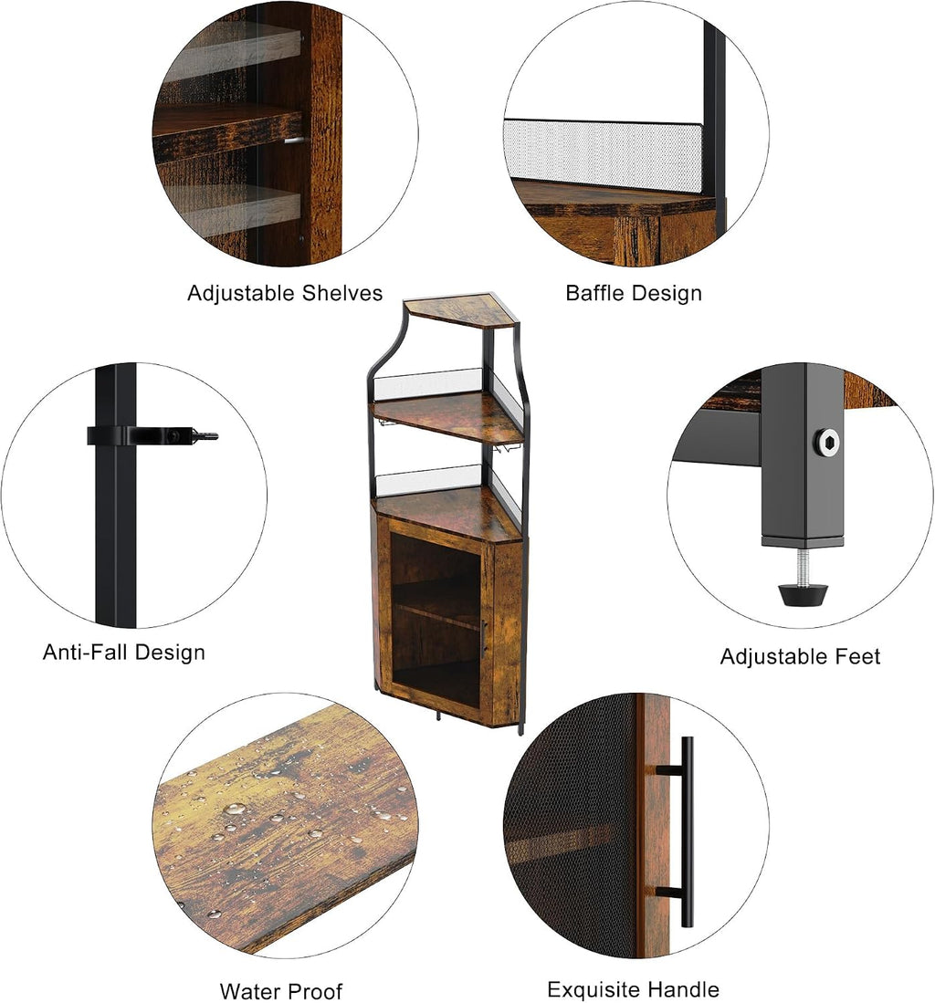 Corner Wine Cabinet Removable Design with Glass Shelves Mesh Doors Compact Sideboard and Buffet Cabinet Ideal for Home Bar and Living Room Storage