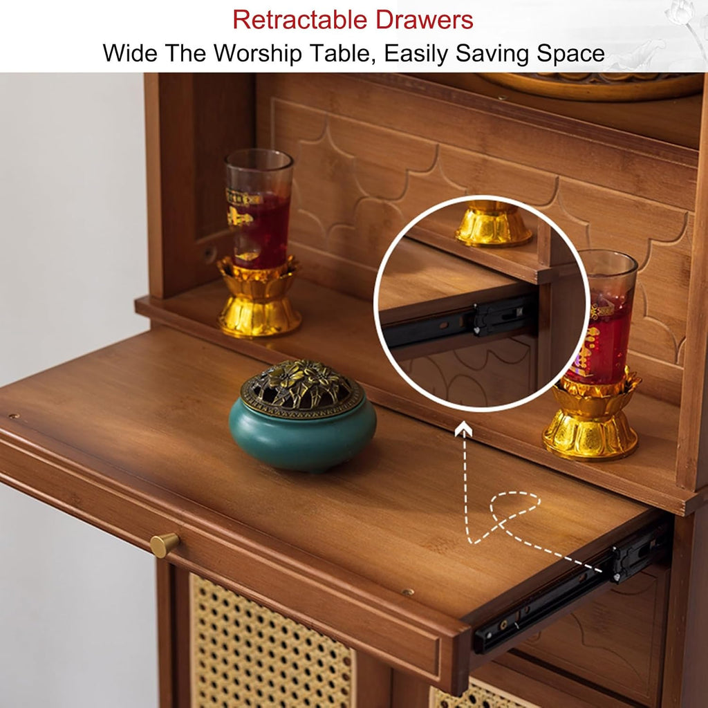 Personal Shrine Altar Table, Altar Cabinet, Meditation Table Storage Cabinet, Puja Table with Drawer, Prayer Stand Riser Home Decor, for Living Rooms, Shrines, Temples(Brown,60cm/23.6in)