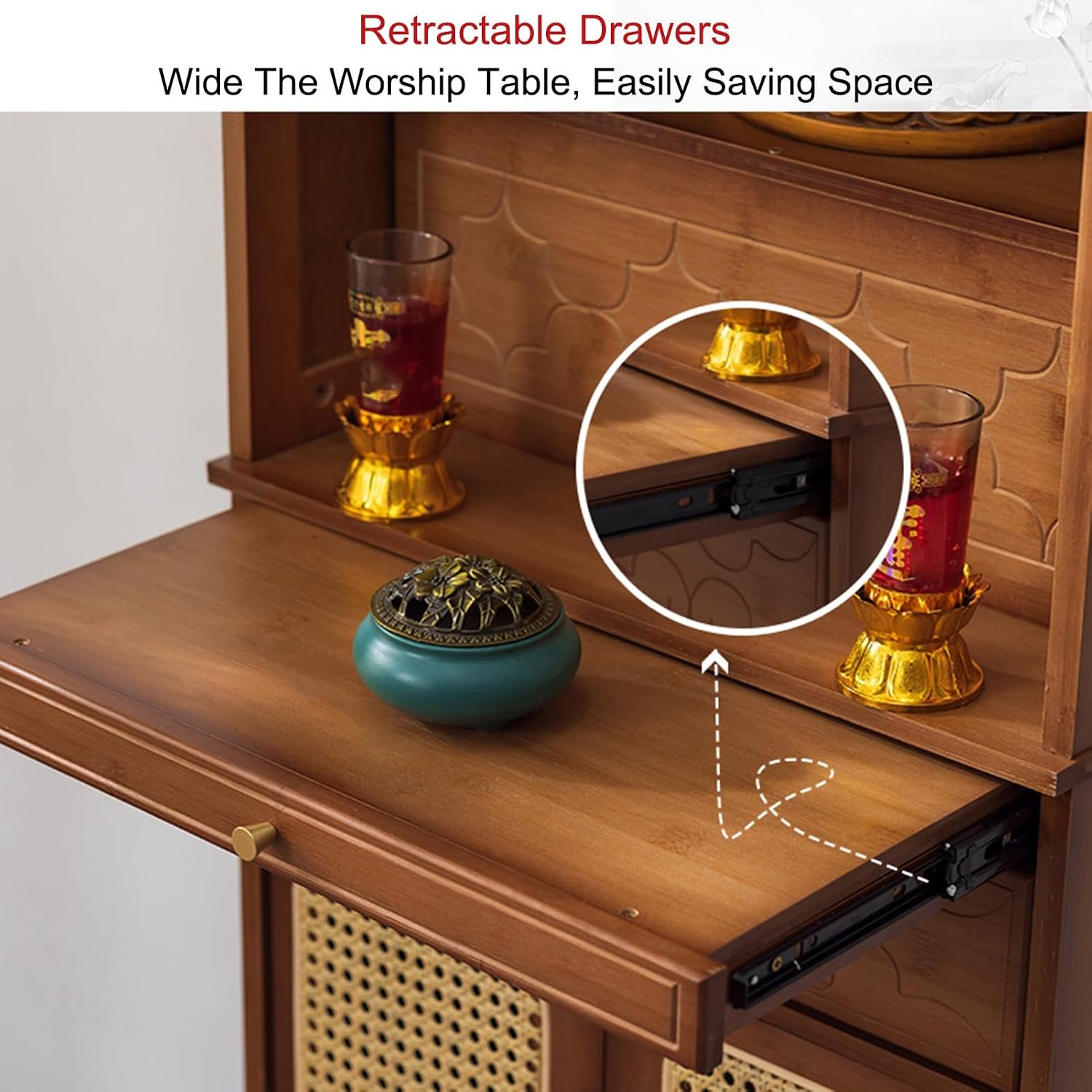 Personal Shrine Altar Table, Altar Cabinet, Meditation Table Storage Cabinet, Puja Table with Drawer, Prayer Stand Riser Home Decor, for Living Rooms, Shrines, Temples(Brown,60cm/23.6in)