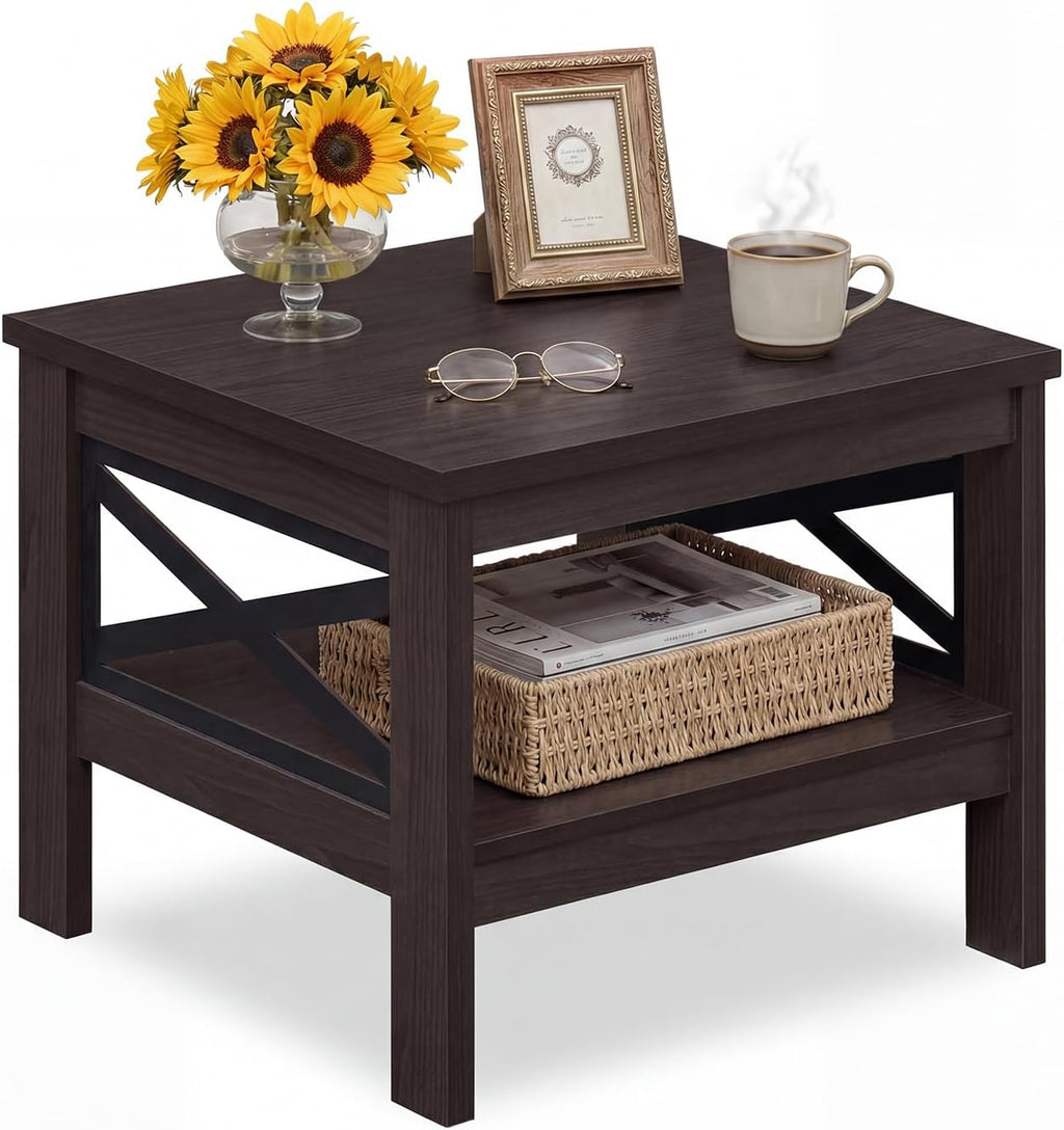 Giantex 2-Tier Square End Table, 24'' Sofa Couch Side Table with Storage Shelf & X-Frame, Farmhouse Wood Bedside Night Stand for Bedroom Living Room (Brown,1)