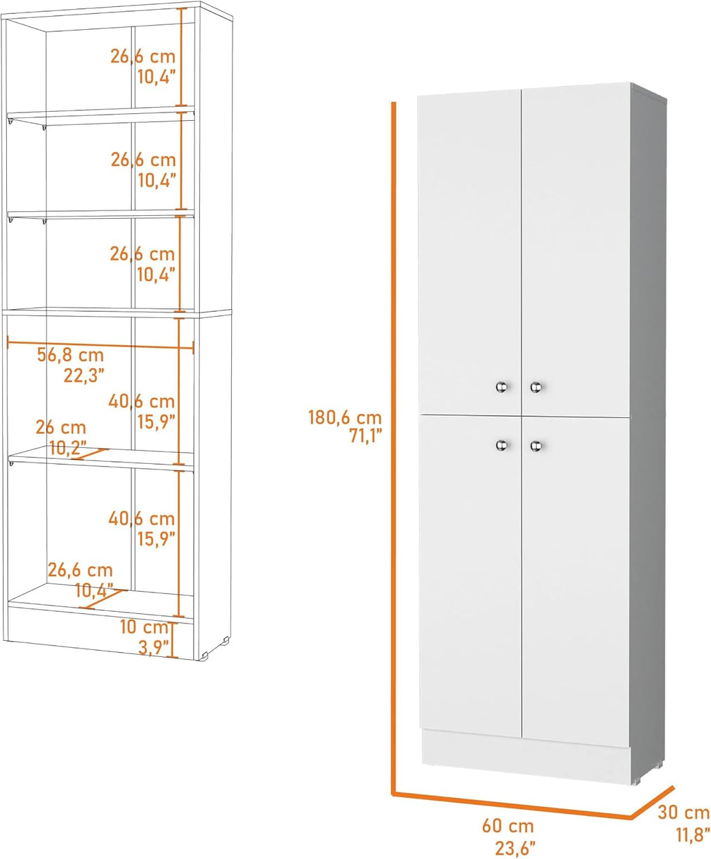 White Pantry Cabinet with 4 Doors and 5 Hidden Shelves,Buffet Kitchen Sideboard,for Kitchen,Dining Room,11.8 * 23.6 * 71.1