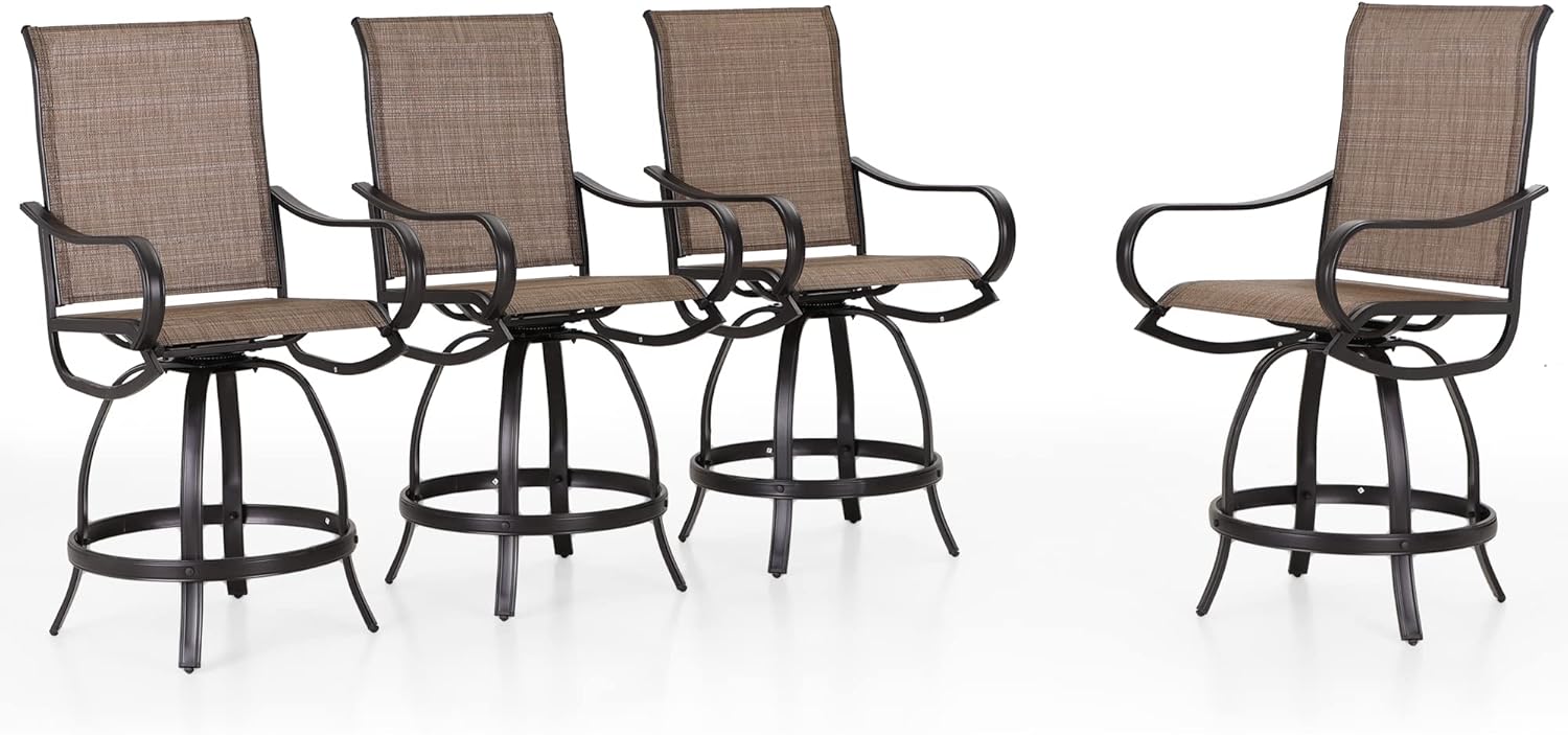 PHI VILLA Outdoor Swivel Bar Stools Set of 4, Counter Height Patio Chairs with Waterproof Textile Fabric Brown, Rustproof Metal Frame & Circular Footrest for Poolside, Garden, Yard