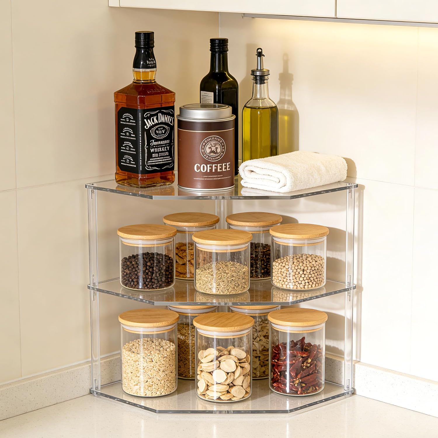 3-Tier Clear Acrylic Corner Shelf for Dishes - Plate Organizer for Cabinet Space Saver, Bowls & Dinner Plates, Kitchen Cabinet Plate Holder & Small Shelf for Bathroom Storage