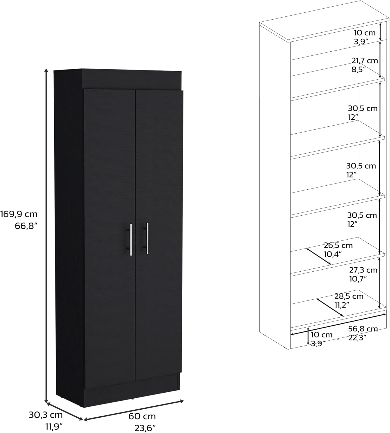 23.6" D*11.9" W*66.8" H Freestanding Kitchen Pantry with 4 Shelves, Double Door, Rectangular Storage Cabinet, Traditional, for Living Room, Dining Room, Black