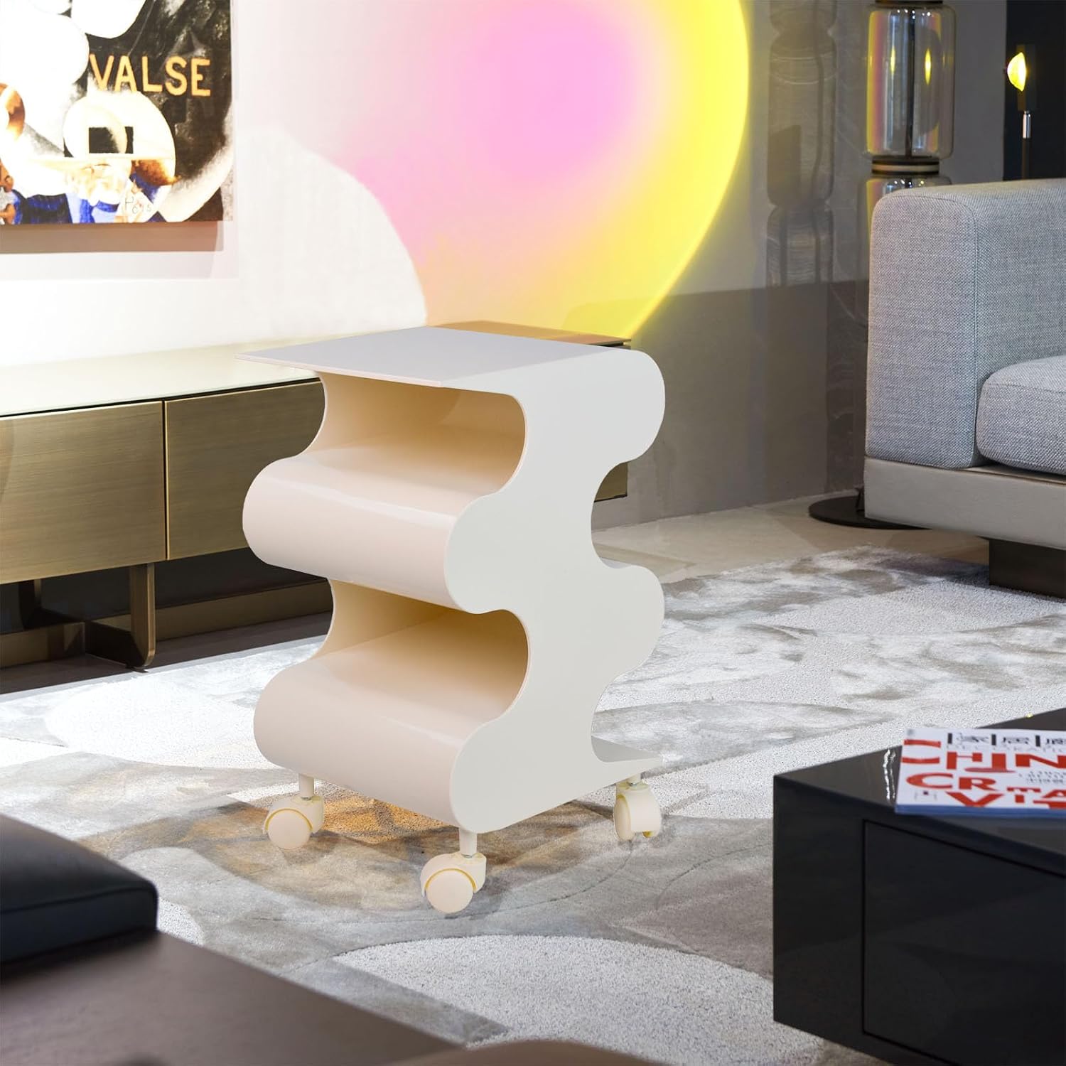 ABS Movable Side Table with Wheels & Rotation, Modern Multi-Layer Nightstand with Storage, Minimalist Sofa End Table for Bedroom, Living Room, Kitchen (White)