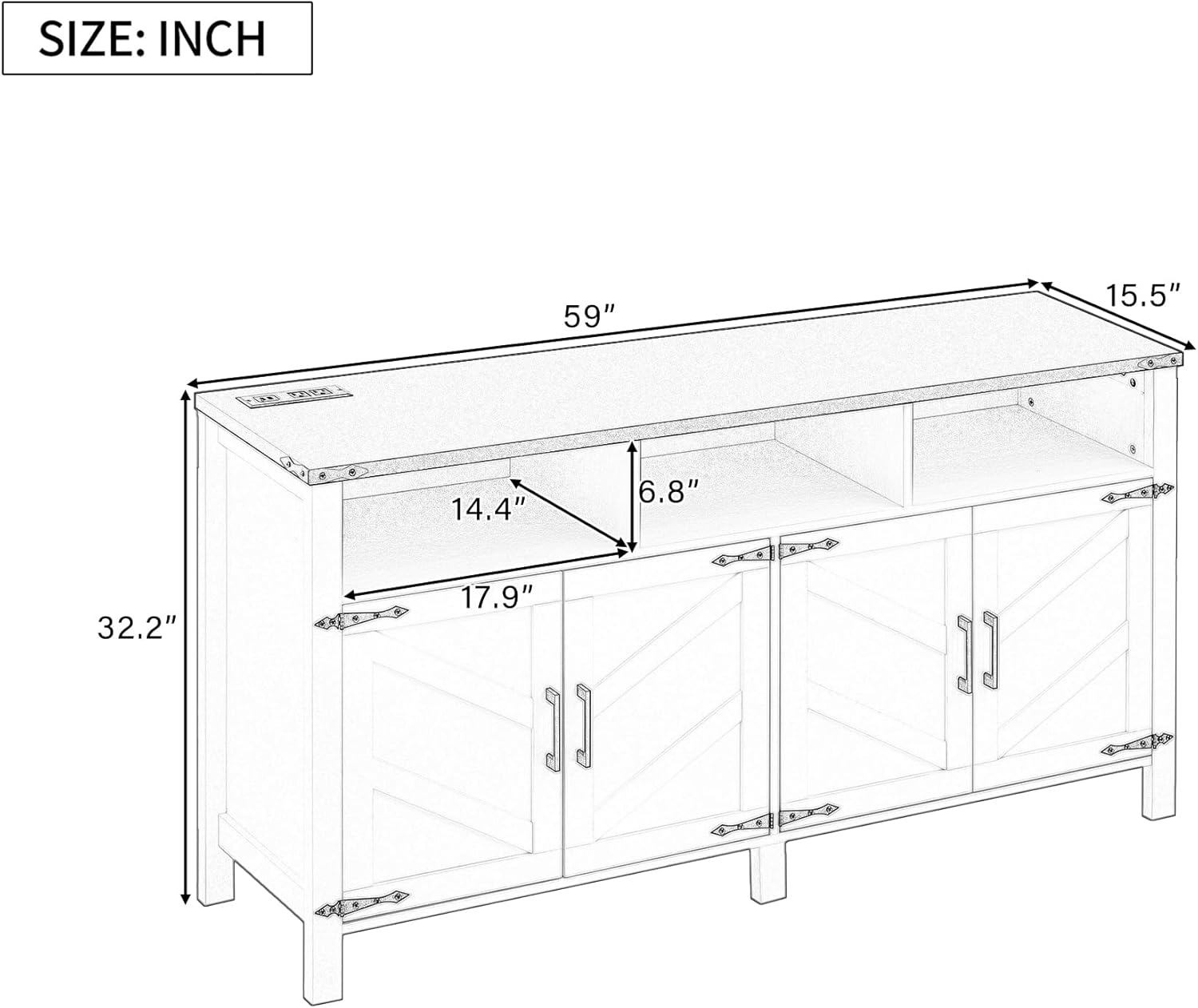 59'' Modern 4-Door Sideboard Buffet with Power Outlets & USB Ports,Adjustable Shelves and Half-Open Storage Cabinet,Metal Accents & Aluminum Handles for Living Room,Dining Room,Entryway (White+Black)