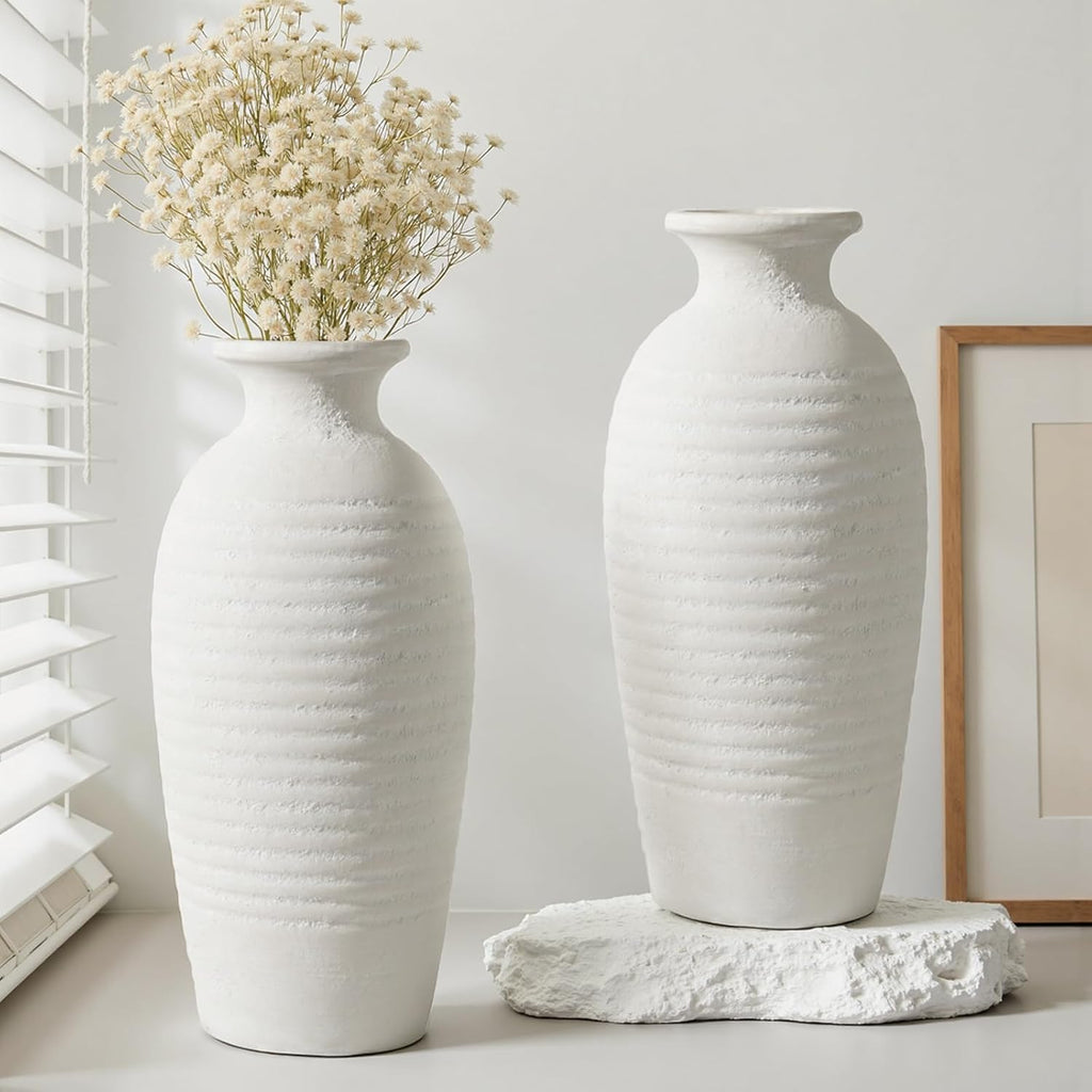 Rustic Ceramic Threaded White Vase, 14.4" H Tall Vases for Centerpieces,Handmade Large Decorative Vase for Living Room Decor,Vintage Farmhouse Pottery Flower Vase for Entryway Fireplace|Off-White