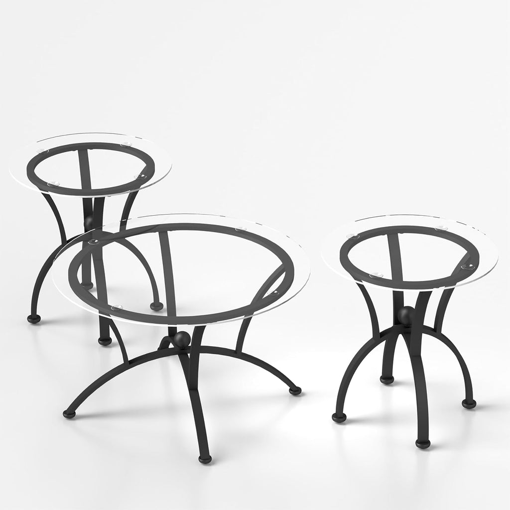 3 Tempered Glass Coffee Table Set, Decor Coffee Table Round End Side Table with Sturdy Construction for Living Room (Rustic Black)