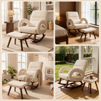 COMHOMA Rocking Chair Nursery with Ottoman,Boucle Teddy Fabric Glider Rocker with High Backrest&Lumber Pillow,Modern Upholstered Accent Armchair with Solid Wood Legs (Beige, Boucle)