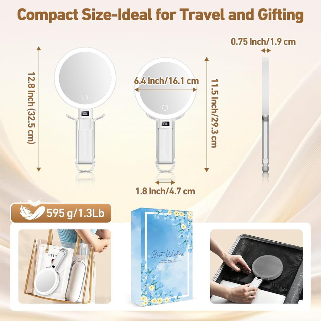 30X Travel Magnifying Mirror with Light, Height Adjustable Vanity Mirror with Phone Holder Stand, Portable Compact Handheld Makeup Mirror with Smart Display for Travel, Bedroom & Daily Makeup Use