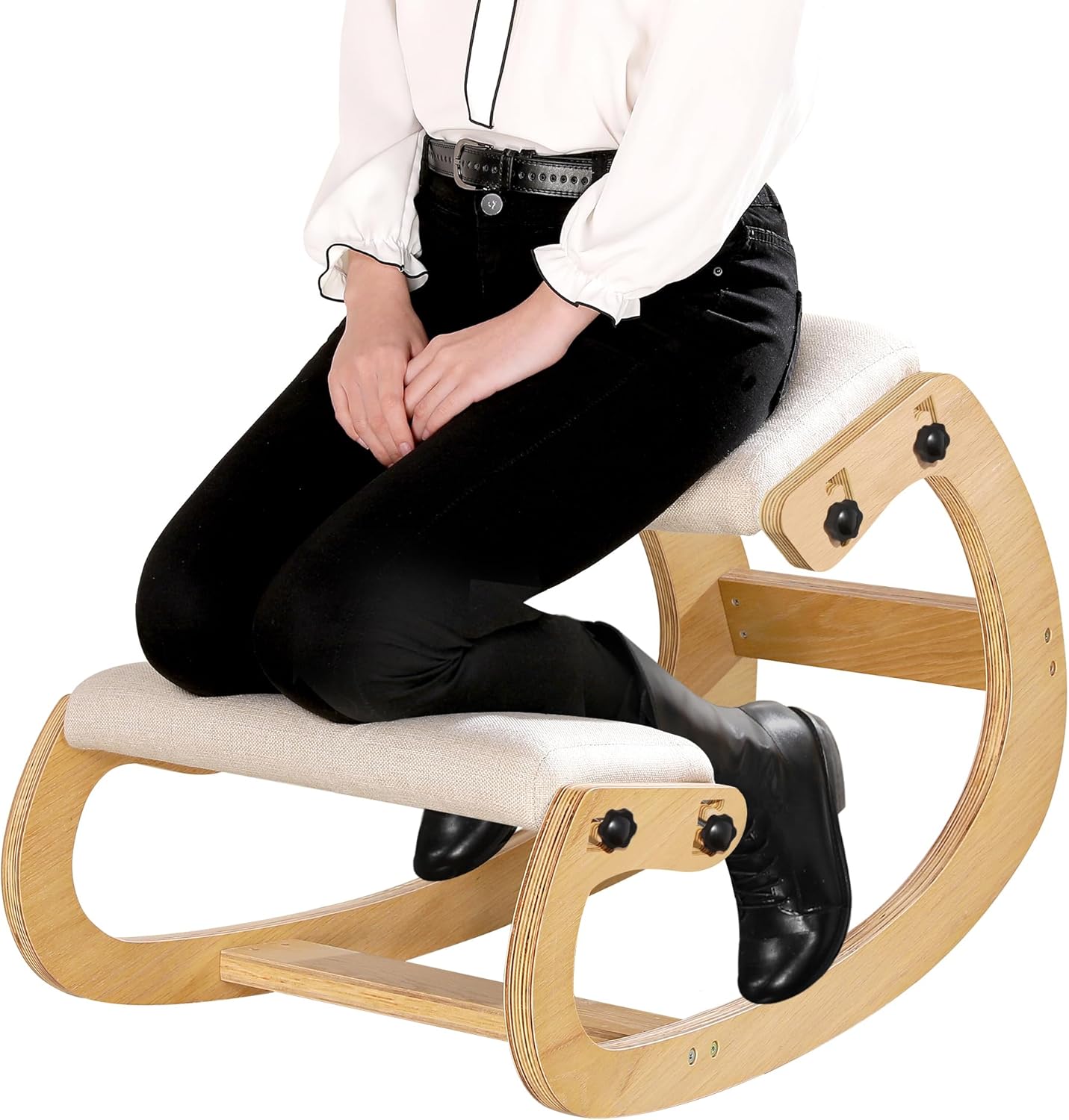 Predawn Adjustable Ergonomic Kneeling Chair – Custom Height Rocking Posture Stool with Thick Cushions, Solid Wood Frame, Knee Support Seat for Adults, Office or Meditation Use(White Oak)