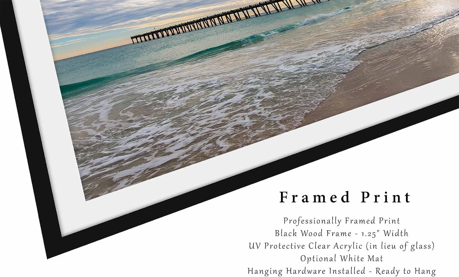 Pensacola Beach Pier Framed Print | Florida Gulf Coast Fishing Seascape Coastal Emerald Ocean Landscape Photography Wall Art Decor (20" x 30", 1" Mat)