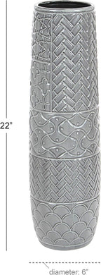 Deco 79 Ceramic Decorative Vase Slim Engraved Patterned Centerpiece Vase, Flower Vase for Home Decoration 7" x 7" x 22", Gray