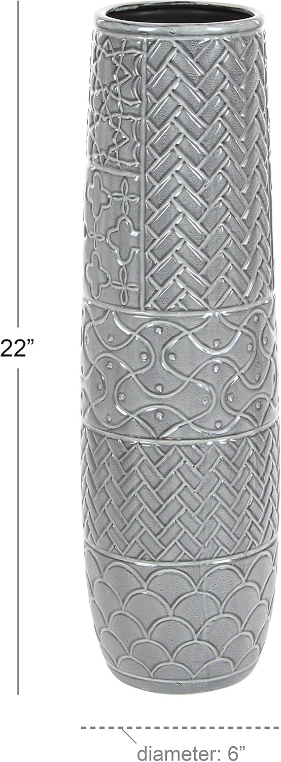 Deco 79 Ceramic Decorative Vase Slim Engraved Patterned Centerpiece Vase, Flower Vase for Home Decoration 7" x 7" x 22", Gray