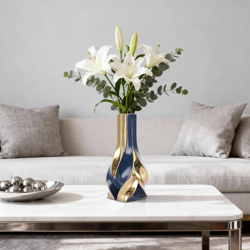 10.6" Blue and Gold Ceramic Vase, Modern Geometric Flower Vase for Dining Table Centerpiece, Elegant Decorative Vase for Pampas Grass, Living Room, Bedroom, Office, Tabletop Decoration