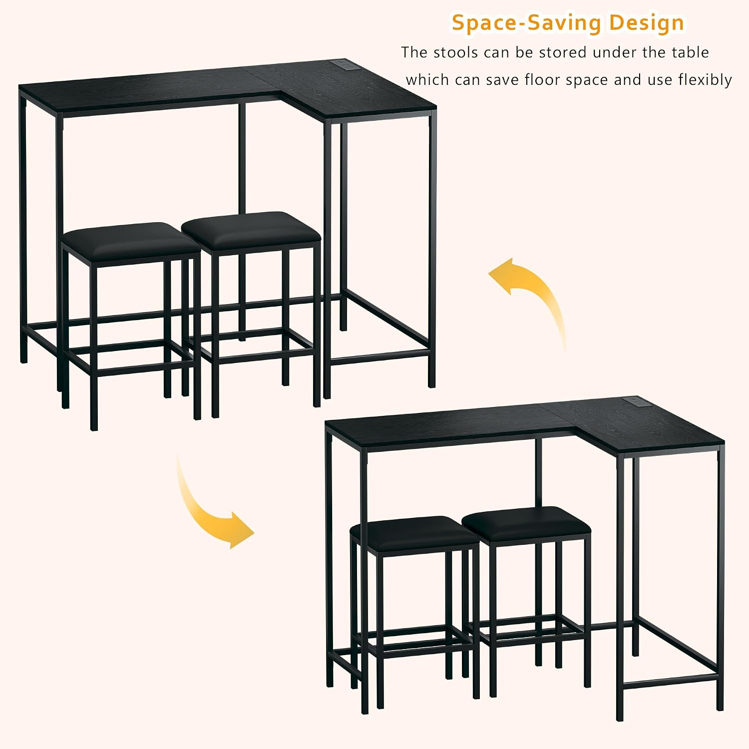 HUAHUU Bar Table and Chairs Set for 2-4, 63'' Convertible L-Shaped Kitchen Table with Power Outlets, 3 Piece Counter Height Small Dining Table with 2 Stools, Space Saving, Breakfast Nook Corner, Black