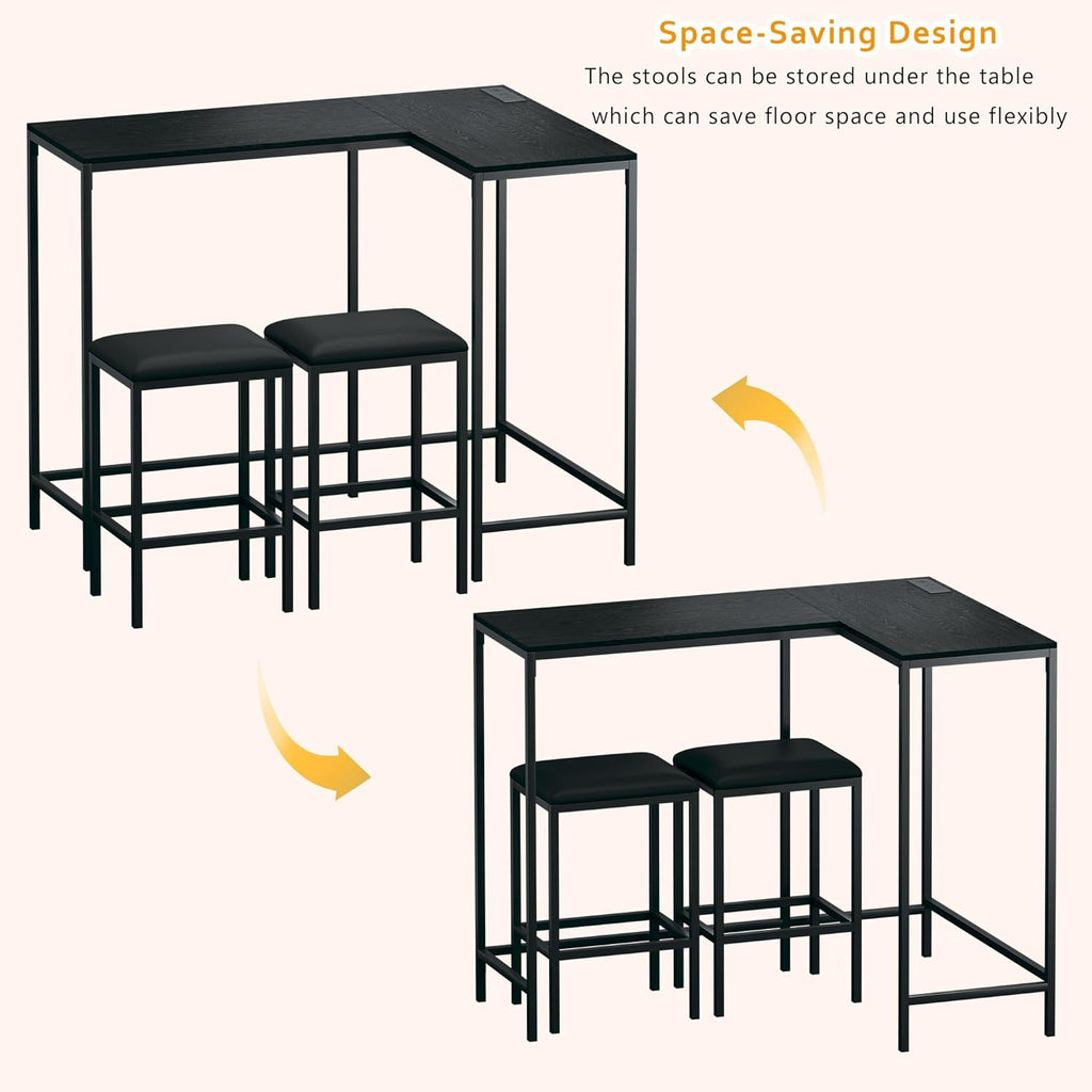 HUAHUU Bar Table and Chairs Set for 2-4, 63'' Convertible L-Shaped Kitchen Table with Power Outlets, 3 Piece Counter Height Small Dining Table with 2 Stools, Space Saving, Breakfast Nook Corner, Black