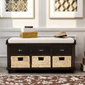 Rustic Storage Bench Narrow Entryway Bench with 3 Drawers and 3 Rattan Baskets Shoe Bench for Hallway Living Room Entryway Espresso Easy Assembly 42.1''× 15.40''× 21''