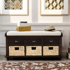 Rustic Storage Bench Narrow Entryway Bench with 3 Drawers and 3 Rattan Baskets Shoe Bench for Hallway Living Room Entryway Espresso Easy Assembly 42.1''× 15.40''× 21''