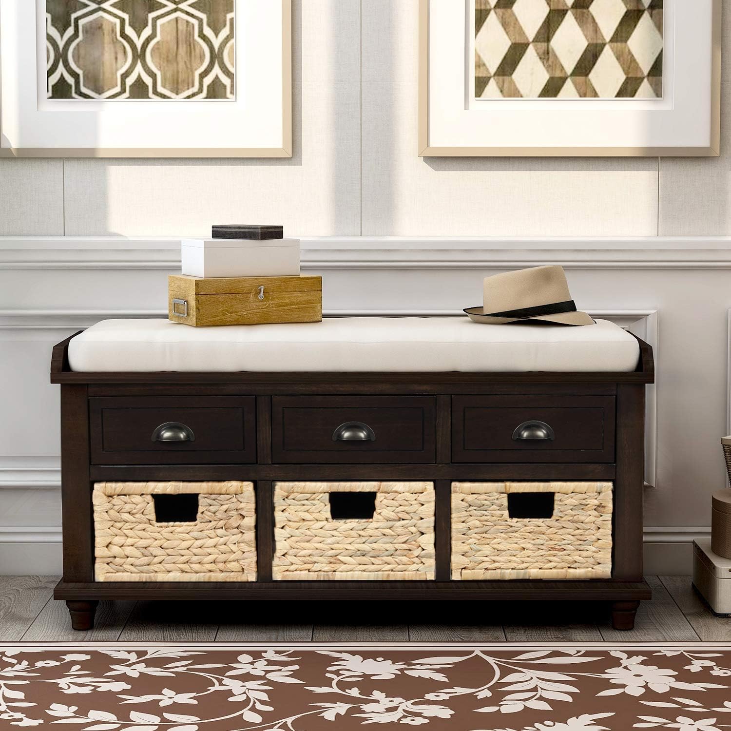 Rustic Storage Bench Narrow Entryway Bench with 3 Drawers and 3 Rattan Baskets Shoe Bench for Hallway Living Room Entryway Espresso Easy Assembly 42.1''× 15.40''× 21''
