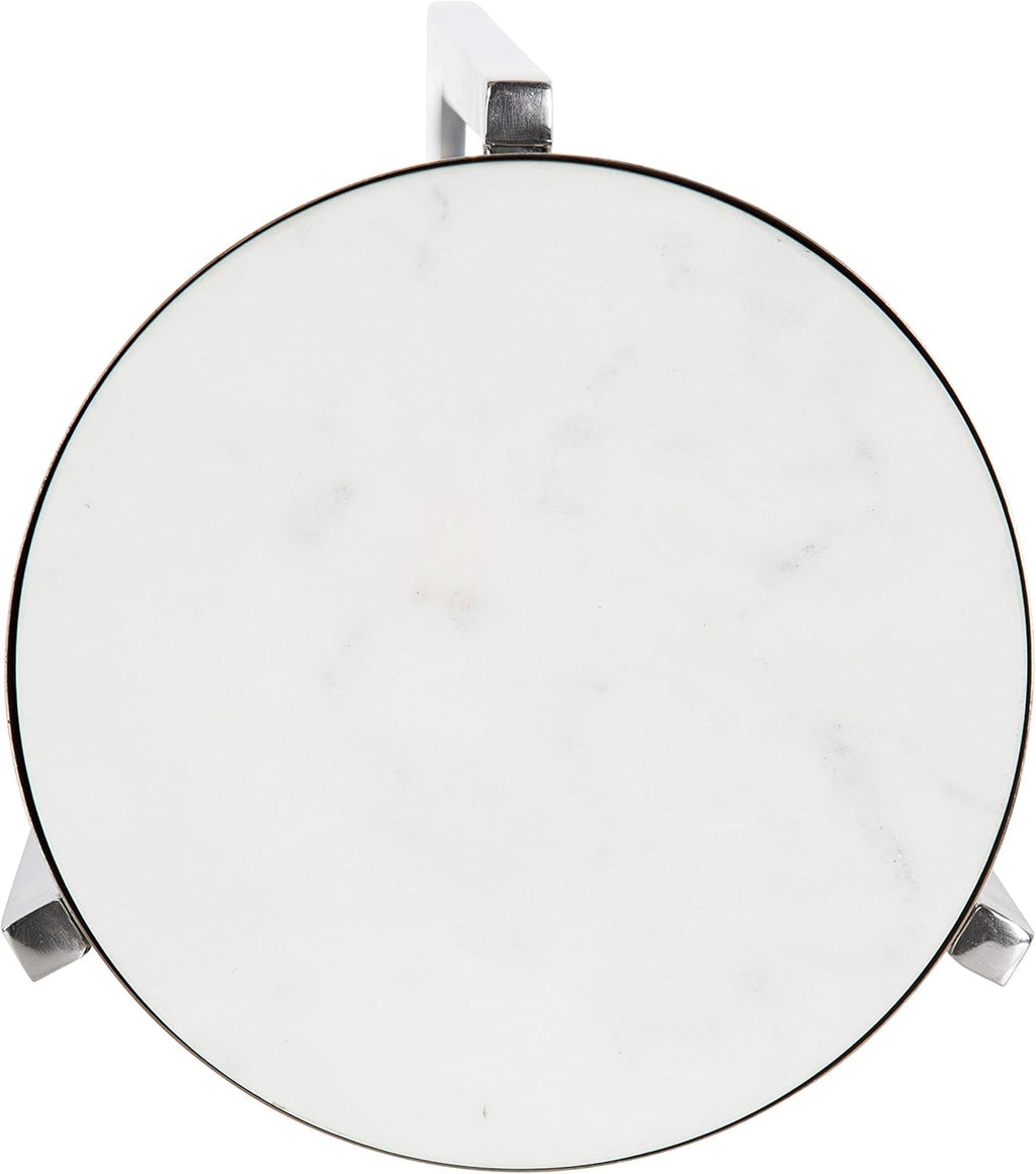 Kate and Laurel Aguilar Glam Round Drink Table, 8 x 8 x 23, Silver and White, Small Accent Table for Use as Plant Pedestal Stand with Marble Tabletop