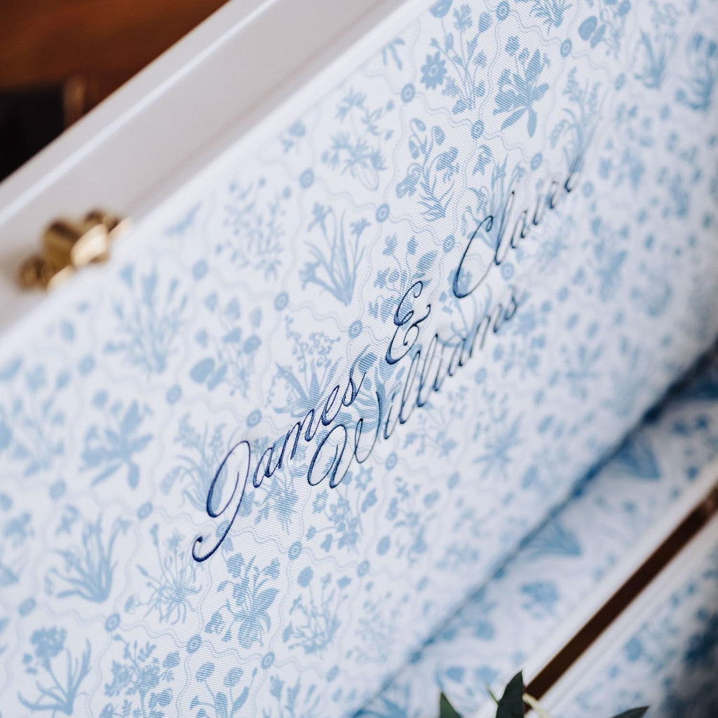 Momento Wedding Keepsake Trunk | Personalized Memory Box for Wedding Mementos | Handmade in USA | Metal and Plywood Construction | Standard Size 20" (White/Botanicals)