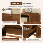 23.6" Walnut Nightstand Set of 2 with Charging Station, Motion-Activated LED Light & Soft Close Lockable Drawer, Anti-Collision Mid Century Modern Bedside Table with 500 LB Capacity & Hidden Storage