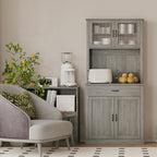 Farmhouse Pantry Cabinet, 71" Tall Kitchen Hutch Cabinets with Storage Drawer, Open Countertop, Glass Doors, Adjustable Shelves, Cable Hole for Dining Room, Living Room, Ash Grey