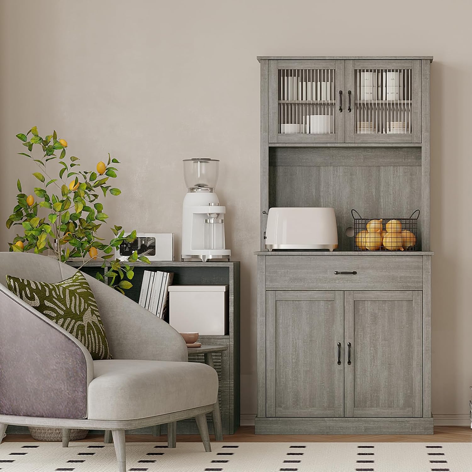 Farmhouse Pantry Cabinet, 71" Tall Kitchen Hutch Cabinets with Storage Drawer, Open Countertop, Glass Doors, Adjustable Shelves, Cable Hole for Dining Room, Living Room, Ash Grey
