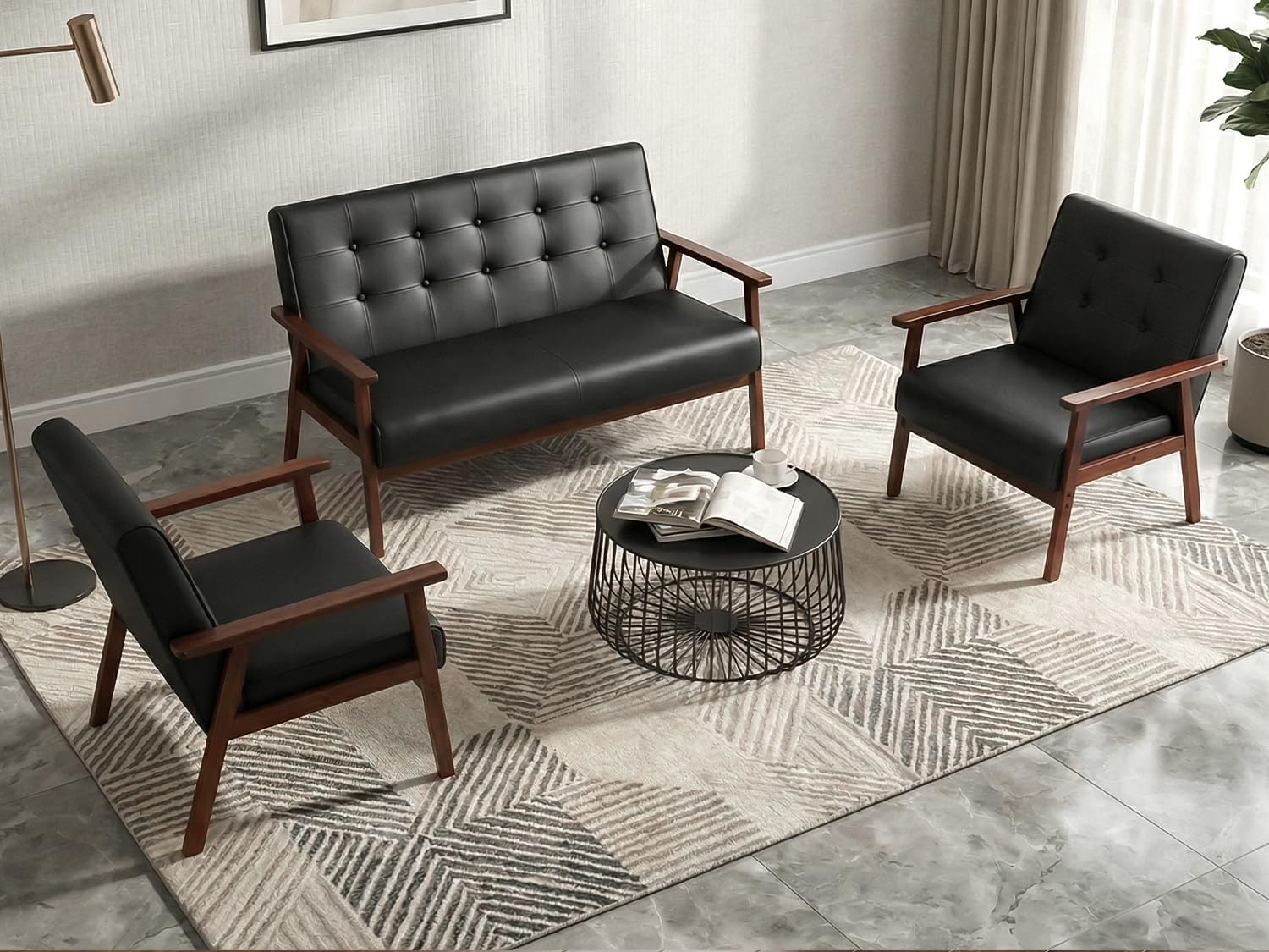 JIASTING Mid Century 1 Loveseat Sofa and 2 Accent Chairs Set Modern Wood Arm Couch and Chair Living Room Furniture Sets (8428 Black Set)